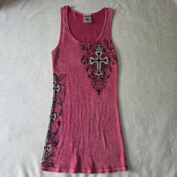 Vocal Tops - VTG Vocal Pink Tank Top Women Large Y2K Bedazzle Gems Cross Graphic
